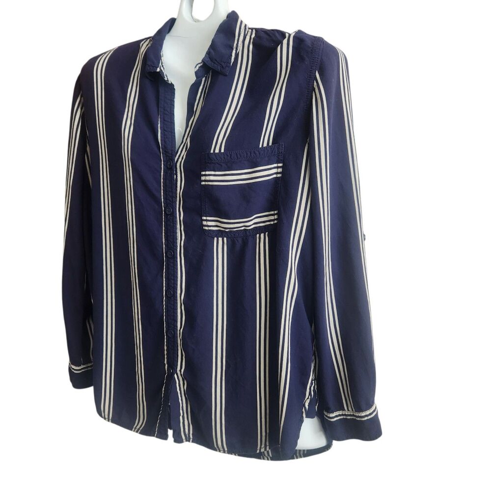 BeachLunchLounge Button Down Tunic-Navy Gray Stripe-Viscose-M-Coastal Grandma